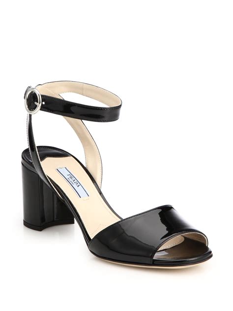 prada sport black patent leather strappy logo heels sandals|Prada block heel sandals.